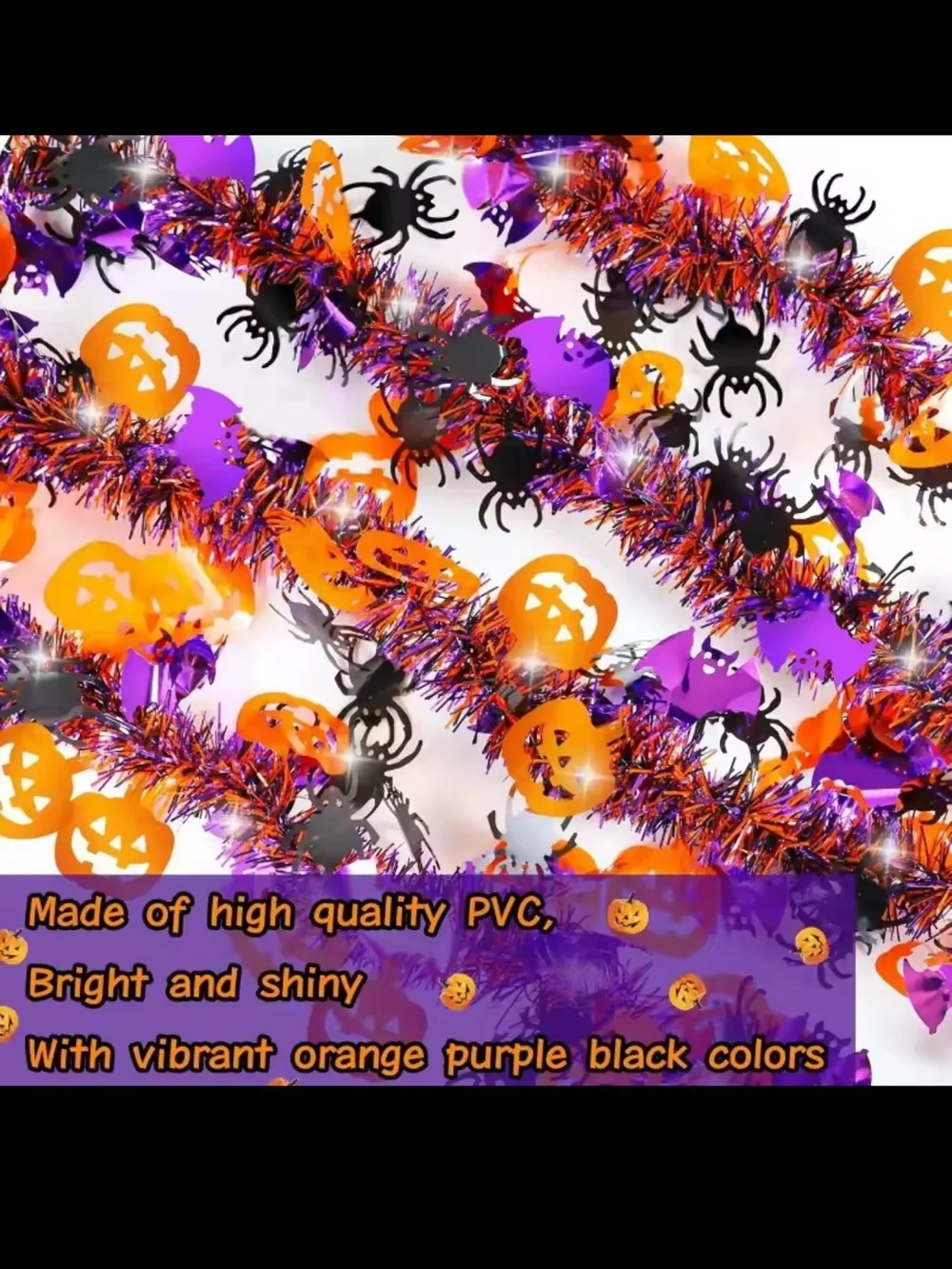 Halloween Tinsel Garland with Orange, Purple & Black Accents